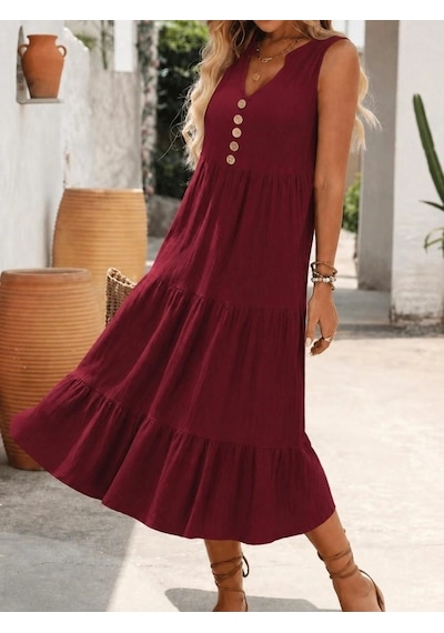 Defymoda Kadın Askılı V Yakalı Önden Düğmeli Midi Bürümcük Elbise Bordo
