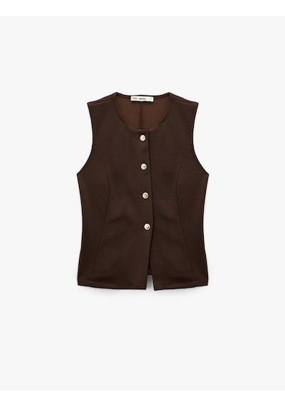 Koton Slim Fit Kolsuz Bisiklet Yaka Düğme Detaylı Yelek Kahverengi 6wal90042ık Kahve