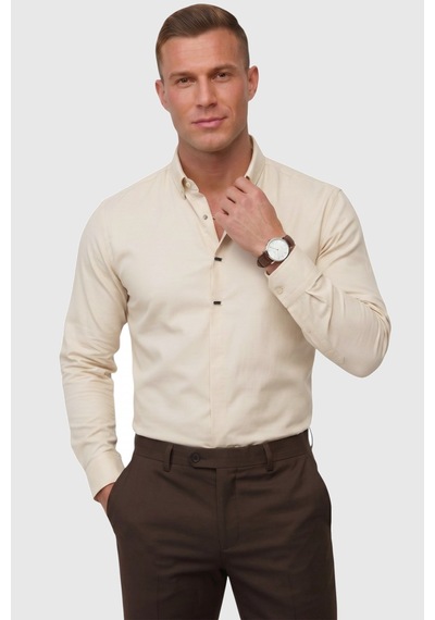 Deep Sea Deepsea Krem Slim Fit Likralı Kolay Ütülenebilir Gizli Düğmeli Erkek Gömlek 2602614