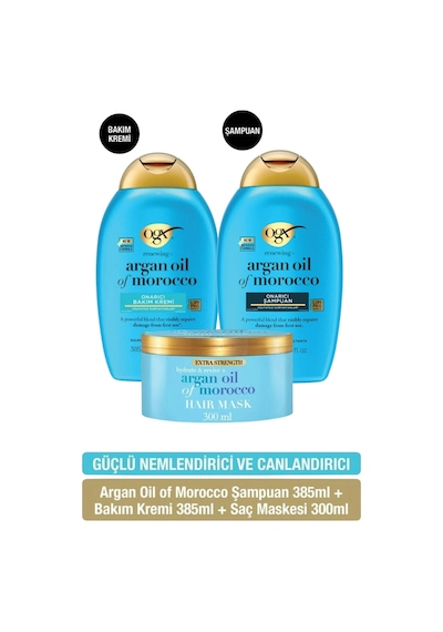 OGX Argan Oil of Morocco Onarıcı Sülfatsız Şampuan 385 ml + Saç Bakım Kremi 385 ml + Saç Maskesi 300 ml