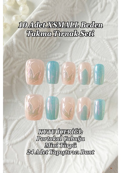 Xsmall Beden Kedi Gözü Tırnak 10 Adet Takma Tırnak Seti T006 Turkuaz