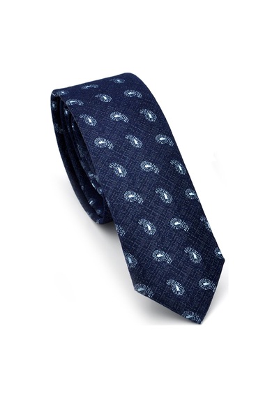Gaffy Mavi Şal Desenli Lacivert Dokuma Kumaş Mendilli Slim Fit Kravat // Sdk-240808 Desenli