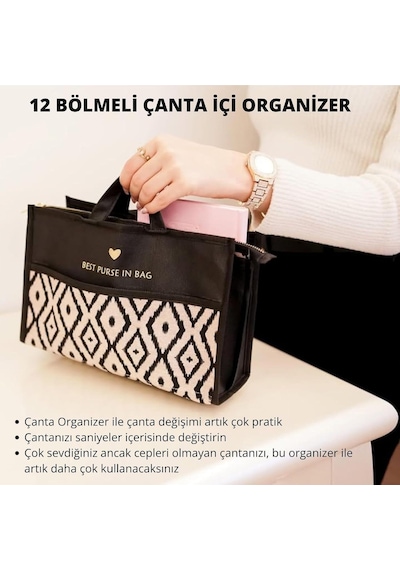Tr 12 Bölmeli Fermuarlı Çanta Organizer, Kadın Çanta Düzenleyici Ve Kolay Çanta Değiştirme Yardımcısı Altın