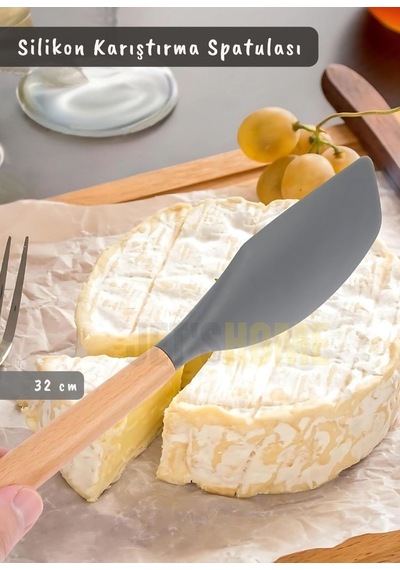 Silikon Karıştırma Spatulası Mutfak Kaşığı Pasta Spatulası Sıyırma Spatula Ahşap Saplı 32 Cm Gri