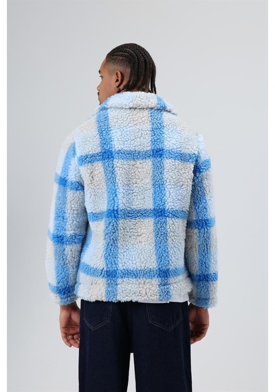 Vamos Oversize Peluş Ekose Ceket Mavi