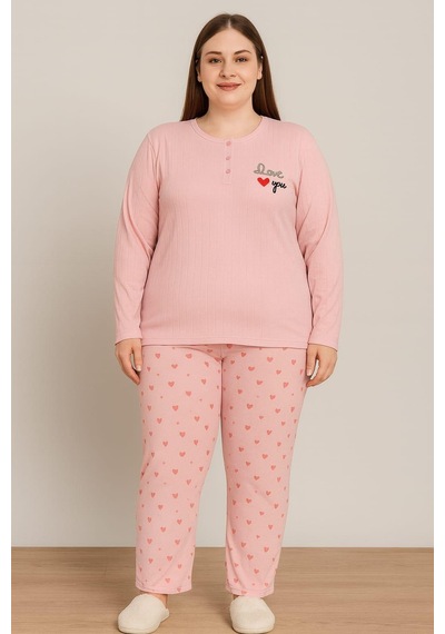 Pemilo Kadın 0387 Büyük Beden Raporlu Kalın Kışlık Pijama Takımı GÜL KURUSU