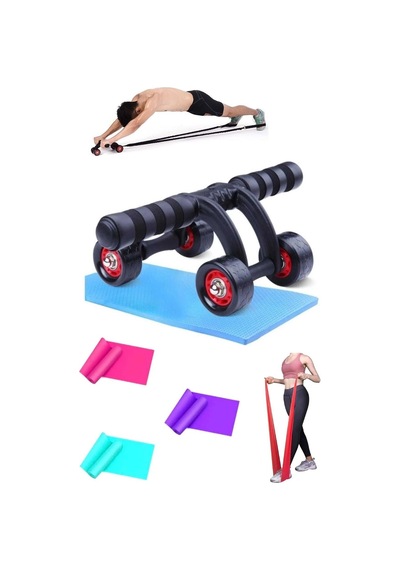 2'li Set Tekerlekli Karın Göğüs Kol Omuz Kası Egzersiz Spor Güç Aleti 3lü Pilates Bandı Seti