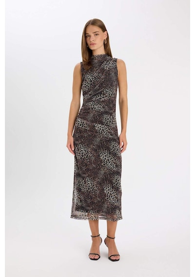 DeFacto Bodycon Vücuda Oturan Bisiklet Yaka Leopar Desenli Tül Kolsuz Maxi Elbise D5061AX24AUBN192