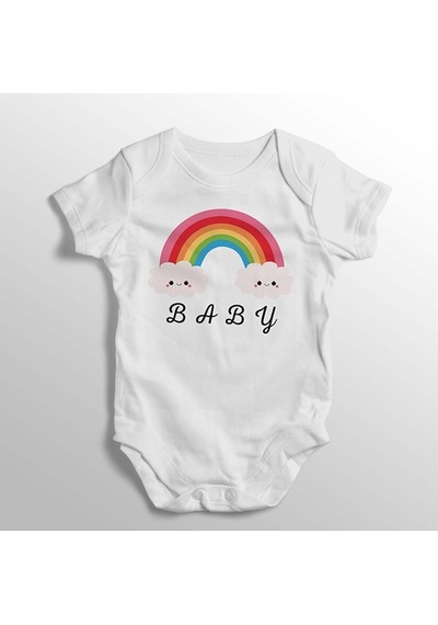 İmaj Tuğbababy Gökkuşağı Resimli Baby Yazılı Baskılı Bebek Zıbını Beyaz