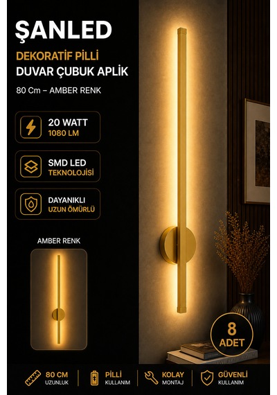 Dekoratif 20w İç Mekan Gold Kasa Amber Işık Rengi 80 Cm Duvar Aplik Pilli 8 Adet