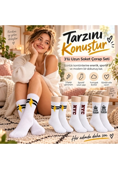 Bezos Kadın Spor Çorap Beyaz Yazılı 3'lü Set Uzun Soket Pamuklu Dikişsiz Nefes Alan Spor Konforlu Çoraplar Nxrlvng