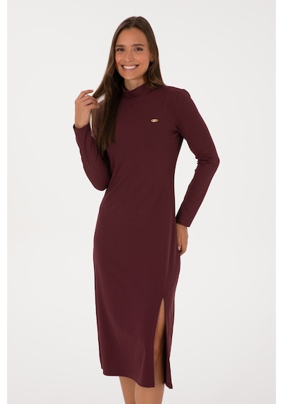 U.S. Polo Assn. Kadın Bordo Yırtmaçlı Dik Yaka Midi Boy Örme Elbise 50313549-VR177