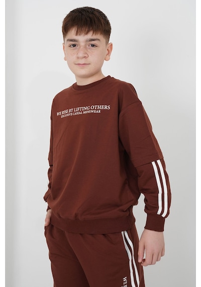 Haykids Erkek Çocuk İki İplik Kumaş Bisiklet Yaka Baskılı Eşofman Takımı Kahverengi