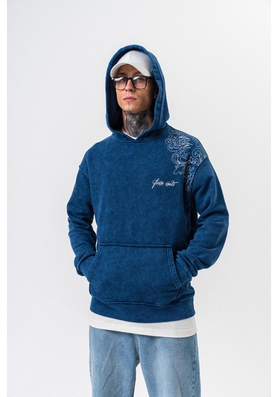 Respire Erkek Fierce Baskılı Yıkamalı Kapüşonlu Oversize Hoodie İndigo