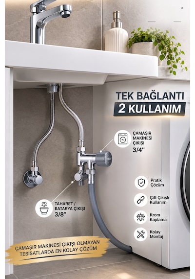 Cisa Çift Çıkışlı Ara Musluk 3/4" X 3/8" Çamaşır Makinesi Ve Taharet Musluğu Bağlantısı Krom Hat Alma