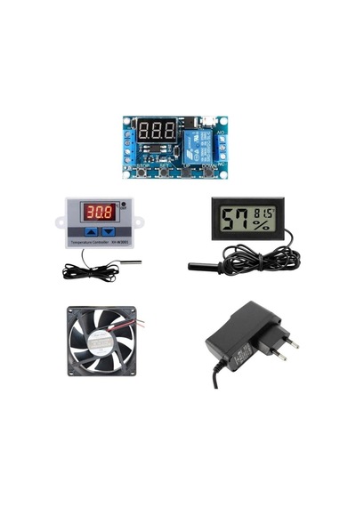Kuluçka Makinesi Seti, W3001 Termostat 220v, Isı Nem Ölçer, 12v Adaptör, 80x80 12v Fan, 5 Parça