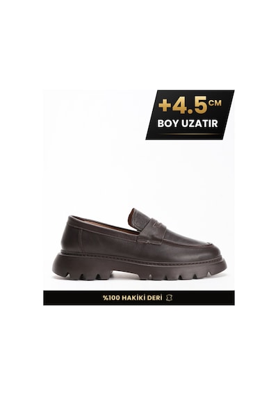 Fame Step Hakiki Deri Erkek Casual Ayakkabı +4.5 Cm Boy Uzatan Kalın Taban Günlük Bağcıksız Comfort Kahverengi Loafer Venedik