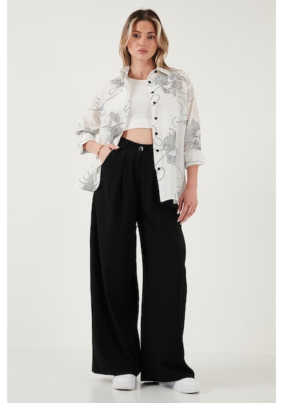 Lela Desenli Regular Fit Uzun Kollu Bayan Gömlek 6773200 Beyaz-Siyah