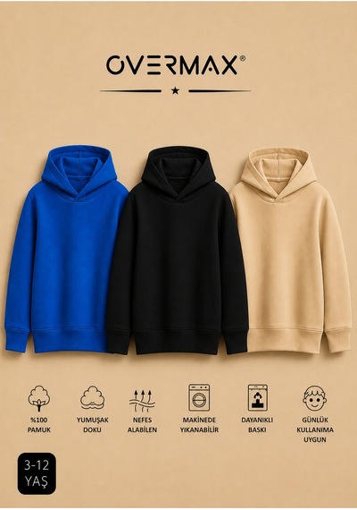 Overmax Çocuk 3'lü Sweatshirt Takımı 3-12 Yaş Saks Mavisi-siyah-bej - 917542430 Saks Mavisi-siyah-bej