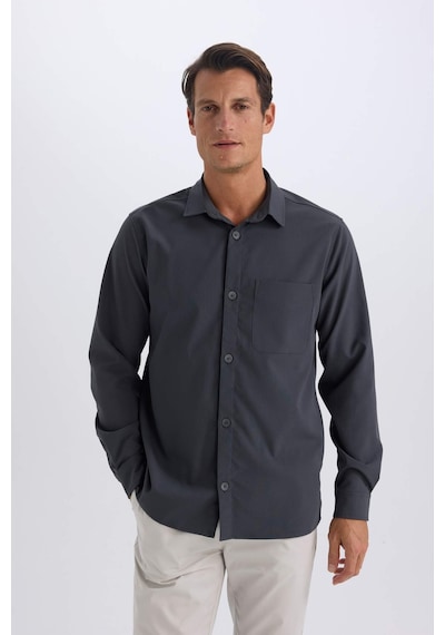 DeFacto Regular Fit Polo Yaka Basic Düz Gofre Uzun Kollu Gömlek D8713AX25SPAR15