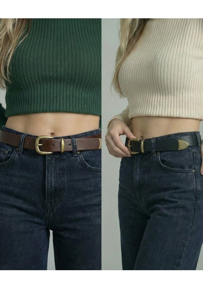 %100 Hakiki Deri Kadın Kemer Metal Köprü & Metal Uç Detaylı, 3 Cm Günlük Şık Tasarım Siyah Kahverengi