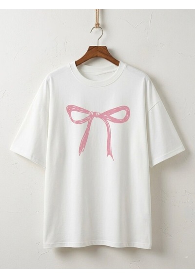 Tekli Pembe Kurdele Baskılı Oversize Comfort T-shirt Beyaz