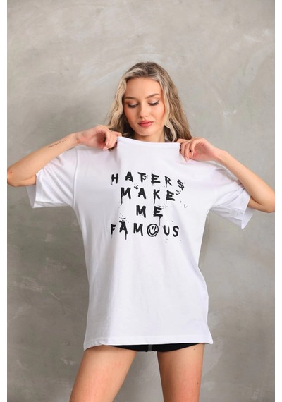 Primemagazam Kadın Ön Ve Arka Baskılı Oversize Kısa Kol T-shirt - Beyaz Çeşitli
