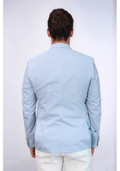 Açık Mavi Keten Dokulu Gold Renk Metal Düğmeli Slim Fit Erkek Blazer Ceket - Wessi Blue