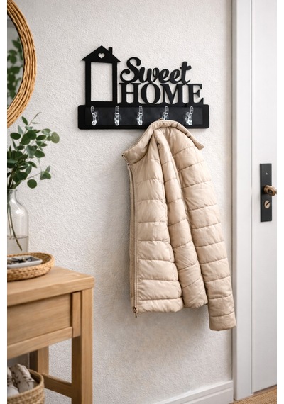Sweet Home Duvar Askılığı 6 Kancalı Dekoratif Anahtarlık Ve Askı 39 X 28 Cm Siyah Siyah