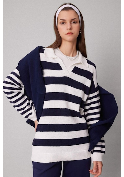 Defacto Regular Fit Çizgili Polo Yaka Tişört Tunik C2850AX24SPNV243 Lacivert