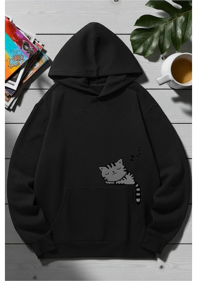 Uyguntarz Unisex Uyuyan Kedi Baskılı Kapüşonlu Sweatshirt siyah