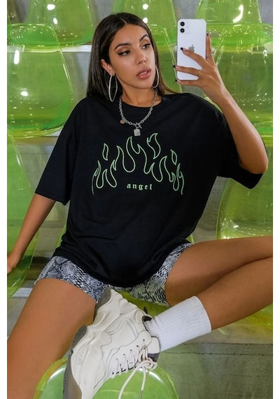 Green Angel Baskılı T-shirt Siyah