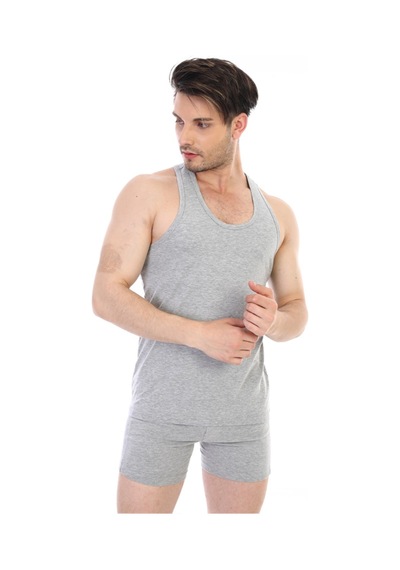 Çift Kaplan Erkek Elastanlı Spor Gri Atlet 916