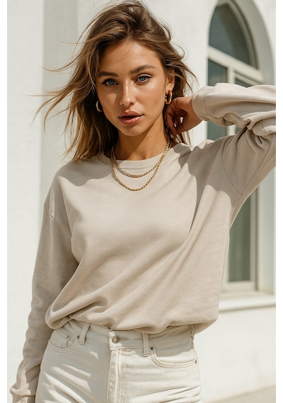 Kadın Bej Pamuklu İnterlock Oversize Sweatshirt Bej