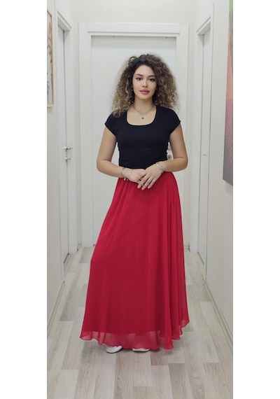 Lodmela Bel Lastikli Kloş Şifon Etek 6003-kırmızı Kırmızı