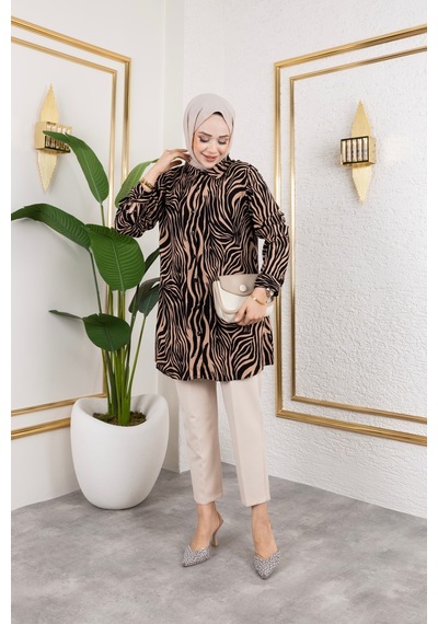 Hira Life Fashion Kadın Tesettür Giyim Ve Spor Giyime Uygun Düğme Detaylı Şık Desenli Dokuma Viskon Gömlek-tunik Vizon 2 Vizon 2