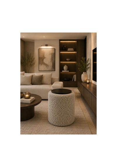 Premium Ahşap Üstlü Yuvarlak Bukle Puf Modern Bej - 878843025 Bej
