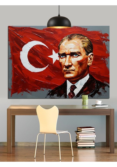 Türk Bayrağı Önünde Atatürk Dekoratif Kanvas - Mdf Ahşap Tablo