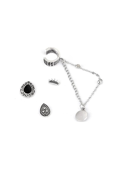 Lunarie Gümüş Kaplama Siyah Taşlı Vintage Ear Cuff Seti Küpe