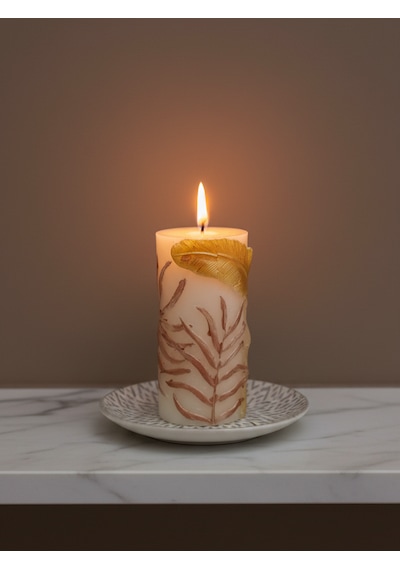 Tüy Kabartmalı Silindir Mum 14cm Altın - Beyaz