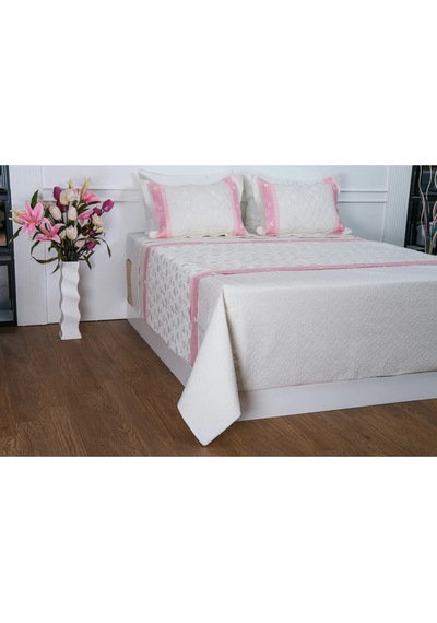 Gülfem Pamuk Baskılı Krem Pembe Yatak Örtüsü Çift Kş. 6 Parça 245x260 Cm 1450 Pembe