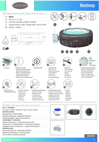 Lay-z-spa Dominica Smart Hydrojet 6001s Enerji Tasarruflu Şişme Spa Havuzu, Mobil Uygulama Kontrollü, 4-6 Kişilik Gri