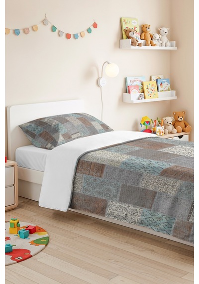 Geometrik Gri Genç Odası Tek Kişilik Pike Takımı-patchwork Turkuaz 160x220 Cm Kapitone Yatak Örtüsü Kırçıllı Misk Akışı