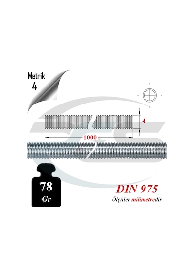 Paslanmaz Çelik Metrik 4 Gijon ( Inox A2 Saplama Tij ) 1 Mt. Boy