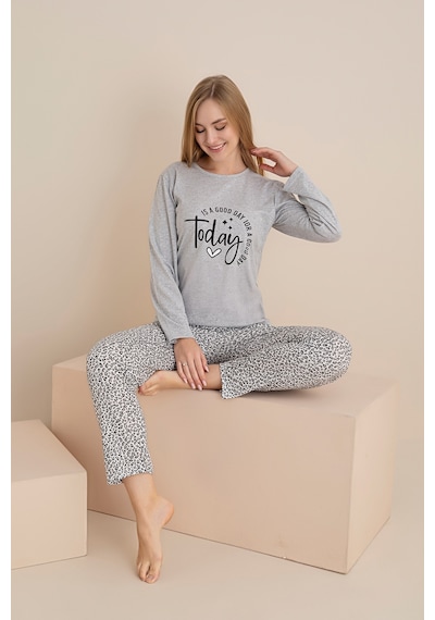 Rindahomewear Kadın Today Baskılı Süprem Uzun Kol Pijama Takımı Gri1