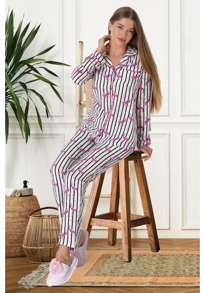 Mecit Pijama Mecit 5923 Bayan Flamingo Desenli Boydan Düğmeli Pijama Takımı 001
