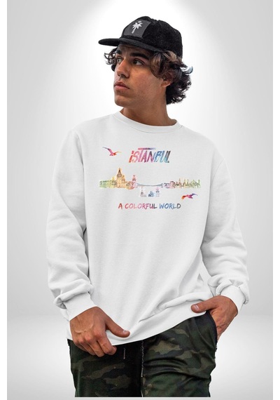 İstanbul Özel Tasarım Unisex Beyaz Sweatshirt Beyaz