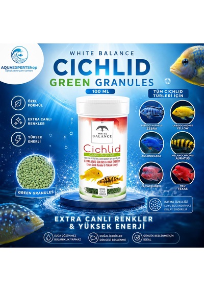 White Balance Cichlid Green Granules - Cichlid Balıkları İçin Özel Formül - Besleyici Ve Renk Canlandırıcı İçerik - 100 Ml