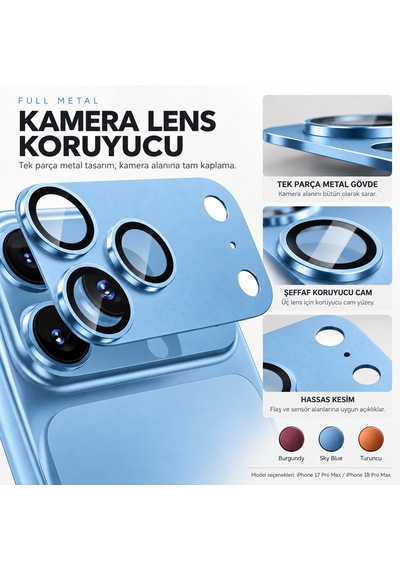 Premium Metal Lens Koruyucu İphone 17/18 Pro İle Uyumlu Gökyüzü Mavisi