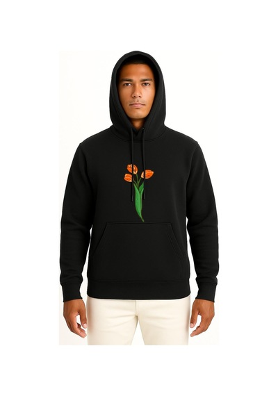 Bahriyeli Collection Kapüşonlu Hollanda Lale Göğüs Baskılı Unisex Sweatshirt Siyah